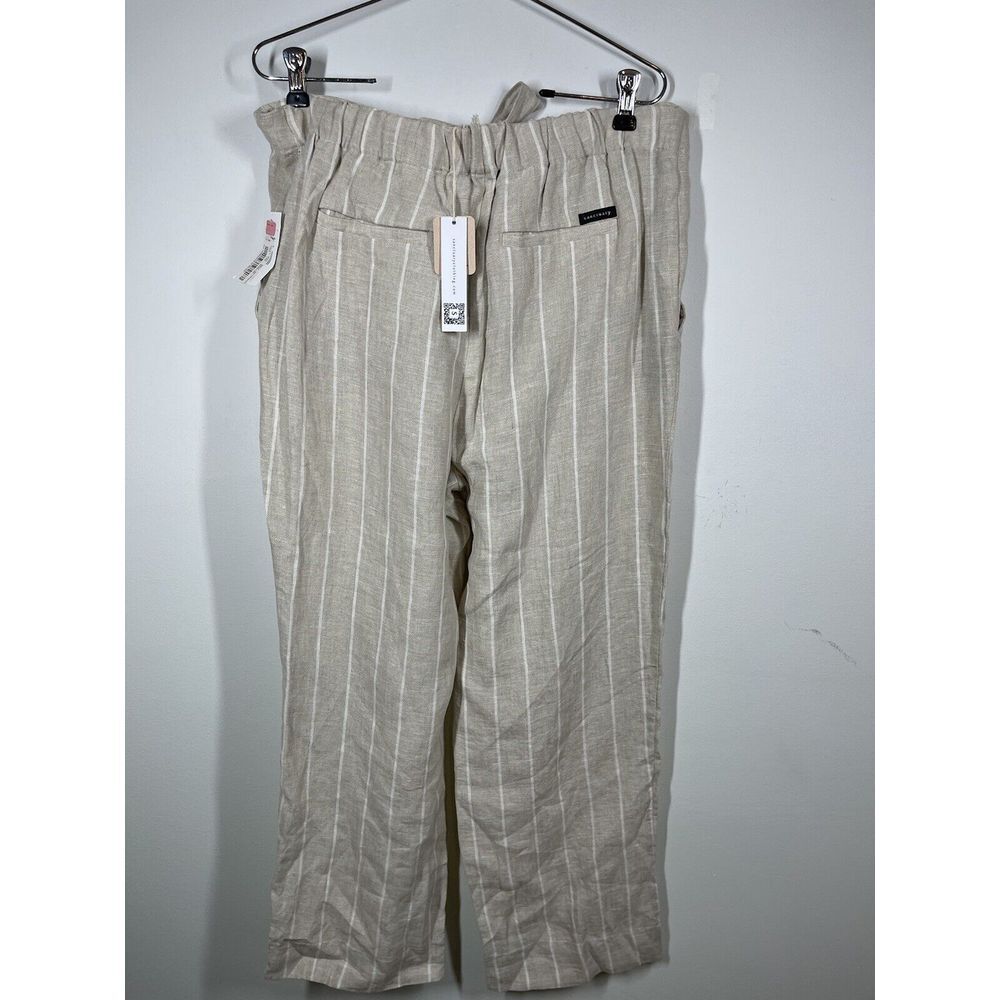 Sanctuary Women's 100% Tan Linen White Striped Pants Tie Waist Pockets Size 29 - Picture 6 of 16